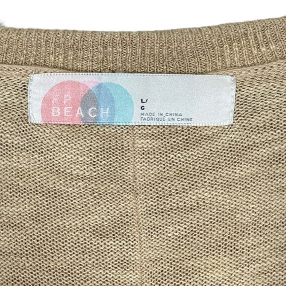 Free People Beach Long Slub Knit Cardigan Sweater Large Tan Boho Casual Belted - Picture 6 of 7